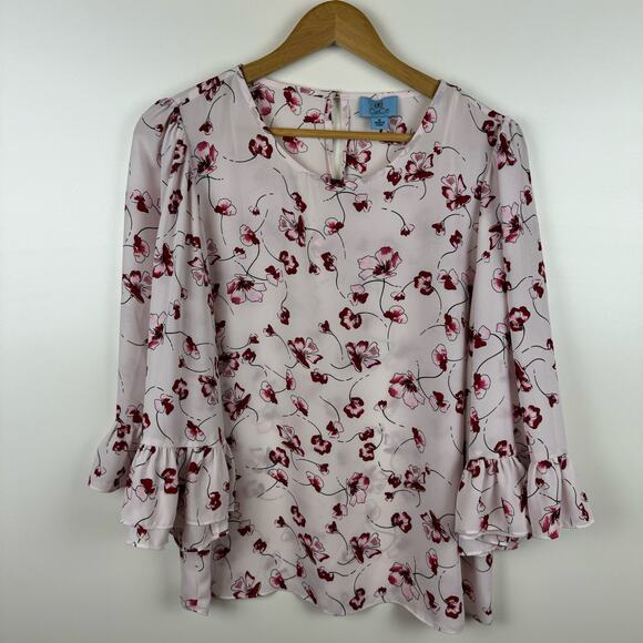 CeCe Womens Sheer 3/4 Sleeve Blouse in Red and Pink Floral Sz M | Feminine Girly - Picture 3 of 12
